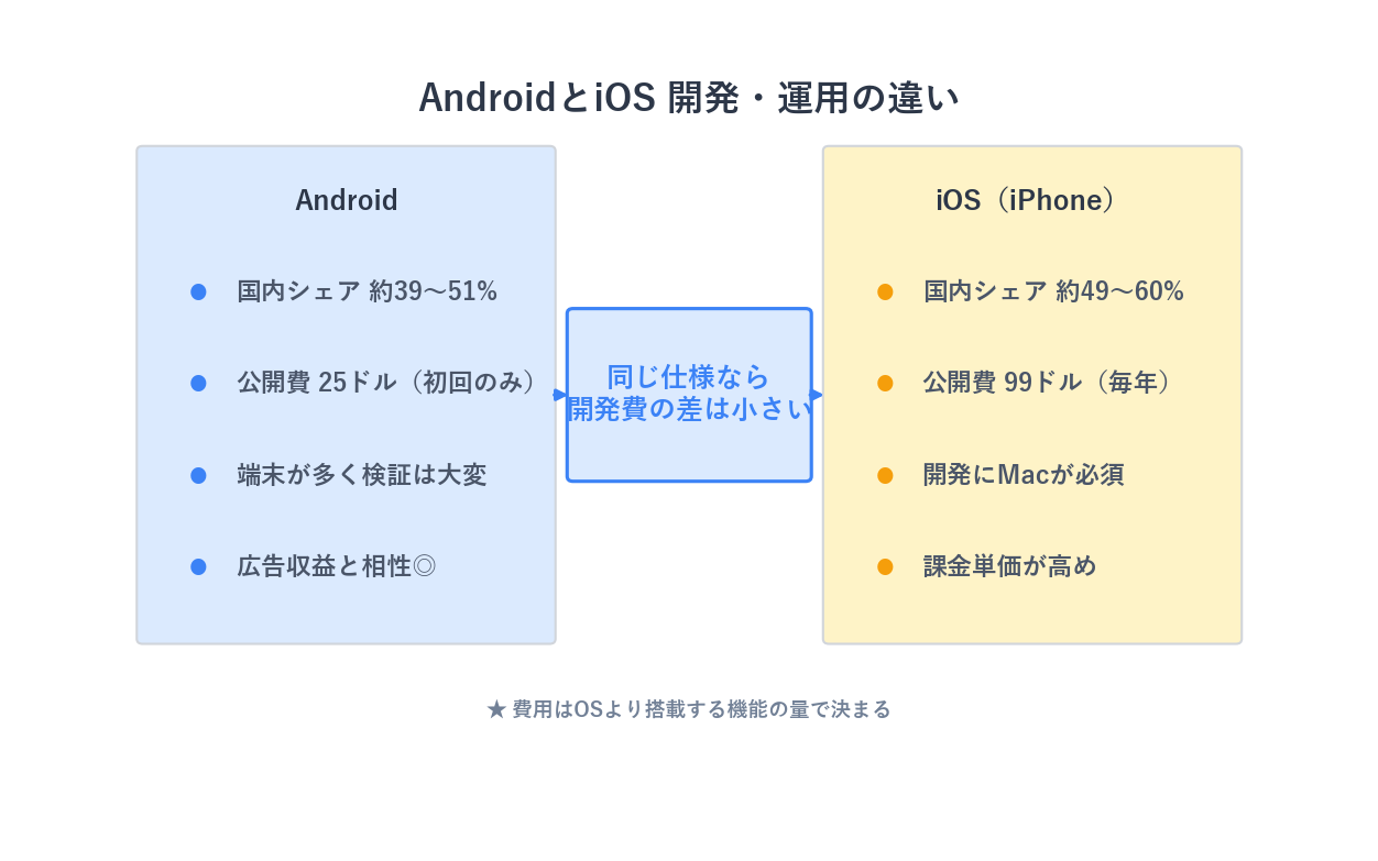 AndroidとiOSの開発・運用面の主な違いを比較した図解